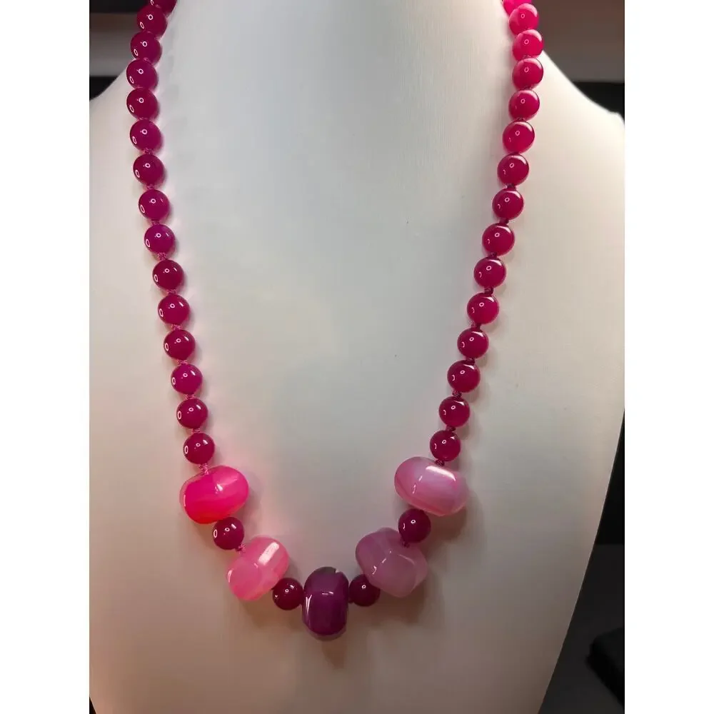 NEW Fuchsia pink dyed agate beaded necklace with sterling silver clasp